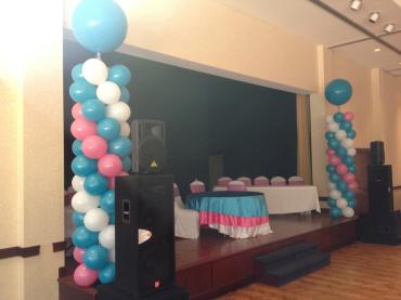 Teal and Pink Balloon Column Stage Decor