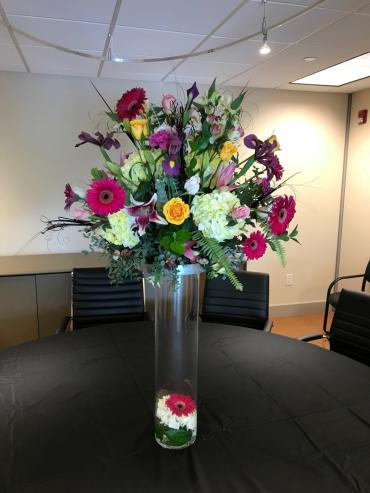 Large Formal Centerpiece on Tall Cylinder Vase