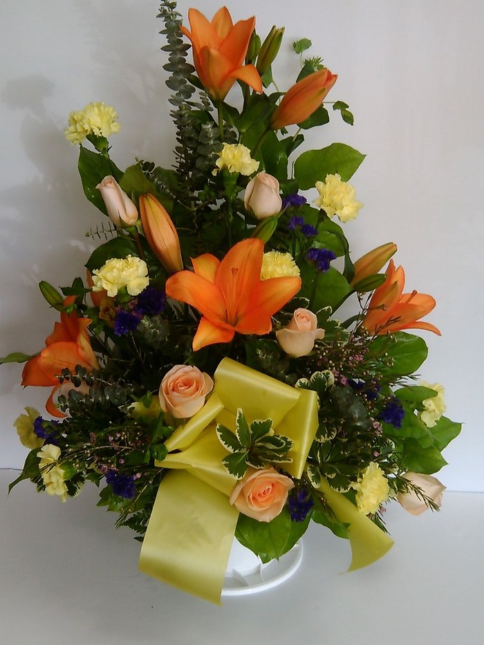 Sympathy Basket with Lilies and Roses